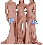 Dusty rose Satin Prom Dresses 2024 Ruched Long Formal Evening Ball Gown One Shoulder Mermaid Bridesmaid Dress for Women Size 4