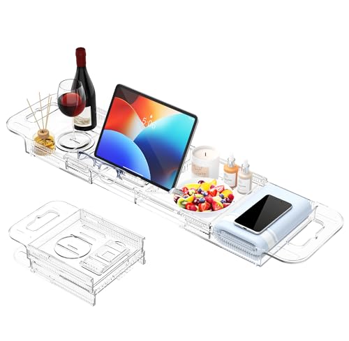 Expandable Bathtub Tray Caddy, AZ. MIFENO Clear Acrylic Bath Tray for Tub for Bath Relaxing, Foldable Bath Table Trays Luxury Spa Bathtub & Bathroom Accessories for Women Gift (Clear)