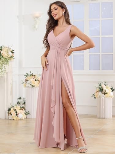 Image of BOLENSYE Bridesmaid Dresses Long Ruched Ruffles Chiffon A Line Evening Party Gown with Pockets Slit