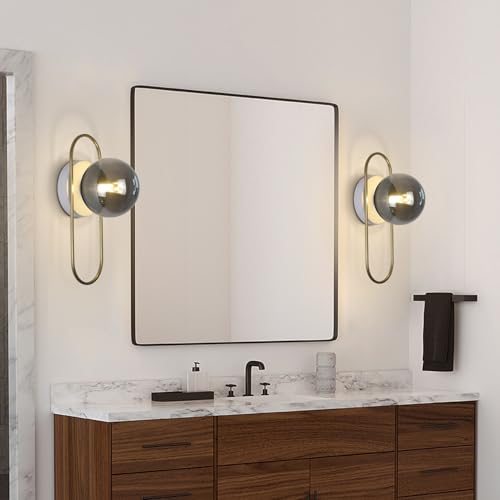 Image of Modern Brass Wall Sconce Mid Century Glass Wall Sconces Brushed Gold Wall Lamp Vintage Wall Sconces Set of Two Hardwired Farmhouse Wall Light Fixtures (2 Pack)