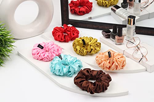 Image of Premium Satin Scrunchies for Women | Hair Bands, Ponytail Holders & Rubber Bands | Fluffy, No-Damage Hair Ties | Girls Hair Accessories | Medium Size | Pack of 6