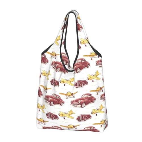 Nevjipu Bolsa grande para mujer, diseño vintage de coche, avión, ligera, reutilizable, plegable, cómodas bolsas de compras para comestibles, bolsa de tela, trabajo, viajes, playa con asas