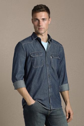 Image of Louis Philippe Men's Slim Fit Classic Denim Wash Stylized Fashion Full Sleeve Casual Shirt
