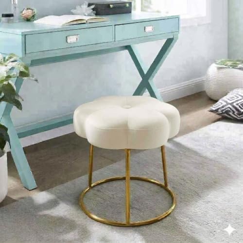Image of Flower Ottoman Foot Stool for Bedroom and Living Room, Round Makeup Vanity Chair with Metal Legs and Soft Padded Seat-White