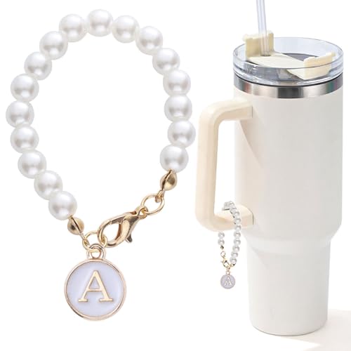 Image of Letter Charm for Stanley Cup,Pearl Chain Accessories Stanley Cup Initial Charms for Handle Stuff Decor Water Bottle Jewelry Tumbler Cute Simple Modern Personalized Name ID Decorations (A)