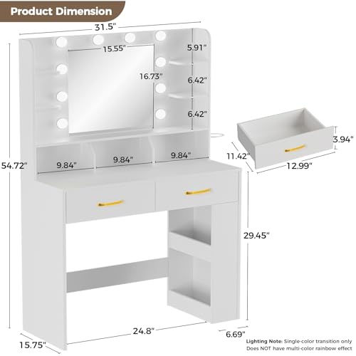 Image of COMHOMA Vanity Desk with Lighted Mirror and Power Outlet, RGB LED Lights Makeup Vanity Set for Girls, Large Storage Capacity Dressing Table for Bedroom, 3 Lighting Modes Adjustable Brightness, White