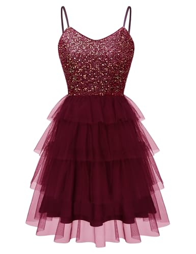 Image of Dressystar 2026 Women's Tiered Sparkly Sequin Glitter Formal Prom Dress Mini Spaghetti Strap Tulle Cocktail Party Dresses