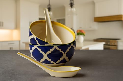 Image of HS Hindustani SAUDAGR Blue Umrao Ceramic Bowl Set of 2(300ml Each) Soup Bowl Without Handle & with Spoon Microwave Safe Bowls katori Ideal for Snacks Rice dal Desserts and Gifting.