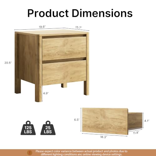 Image of MAISONARIA Oak Nightstands Set of 2, Mid Century Modern Bedside Table with Hidden Handles and Wood Legs, Wooden End Table with 2 Drawers for Bedroom