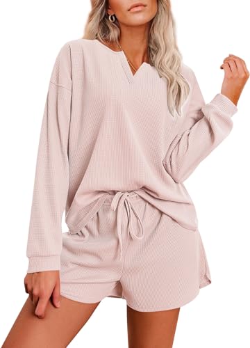 Ekouaer Pajama Set for Women Waffle Knit Lounge Sets Long Sleeve Top and Shorts Sleepwear Matching...