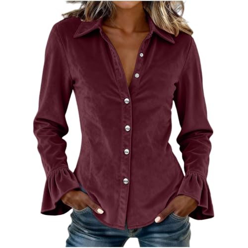 Carydety Women's Velvet Tops Slim Fit Button Down Shirt with Ruffle Cuffs - image 1