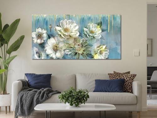 Ardemy Floral Canvas Wall Art for Living Room Large Magnolia White Flower Picture Bedroom Wall Decor Textured Turquoise Painting Modern Artwork Dining Room Kitchen Home Office, 40"x20" - Image 3