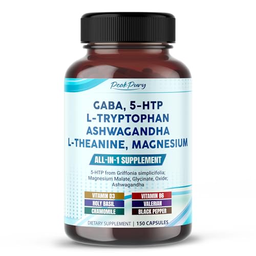 PeakPury GABA Supplement with 5-HTP L-Tryptophan Ashwagandha Chamomile L-Theanine & Magnesium Calm Mood & Sleep Quality Support* Relaxation Supplement 150 Capsules Non-GMO Gluten Free