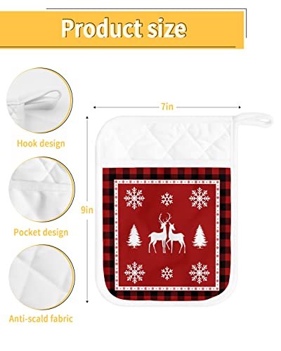 Xmas Tree Reindeer Pot Holders With Pocket For Kitchen, Heat-Resistant Potholders Set Of 2, Hot Pads Oven Mitts With Hanging Loops For Home Cooking Baking Microwave, Christmas Snwflake #TOP2