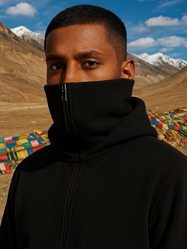 Image of Besick Trendy Solid Cotton Blend Full Balaclava Zipper Hoodie for Men