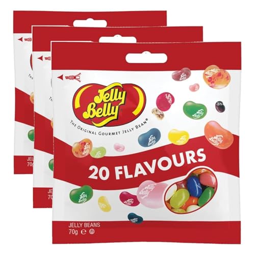 Jelly Belly Beans, grajeas con 20 sabores surtidos, Caramelos masticables en forma de judías - bolsa de 70 gramos (Paquete de 3)