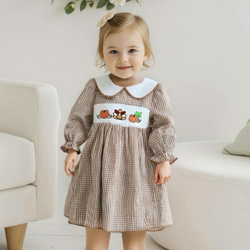 Toddler Baby Girl Thanksgiving Outfit Turkey Ruffle Smocked Dress Collared Striped Bow Dress3