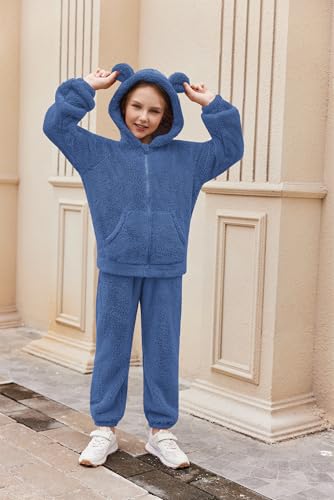 Arshiner Girls 2 Piece Fuzzy Set with Bear Ear Hoodie and Jogger Pants Zip Up Sweatshirt Outfits for Fall Winter 5-13 Years3