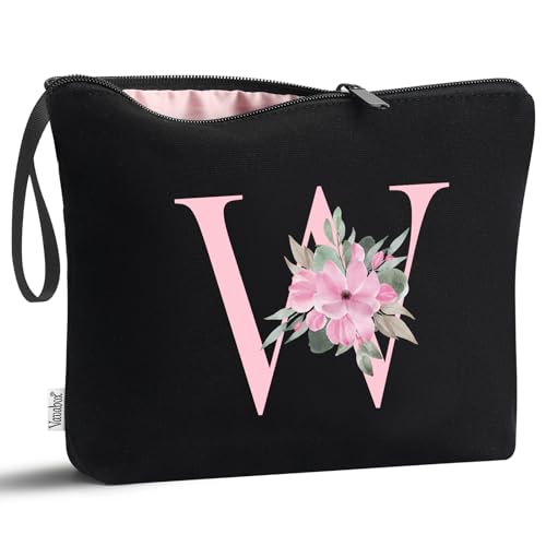 Image of Vavabox A-Z Personalized Makeup Bag, Birthday Gifts for Women Mom, Gifts for Best Friend, Bride Bridesmaid Cosmetic bag (W, 02-Black)