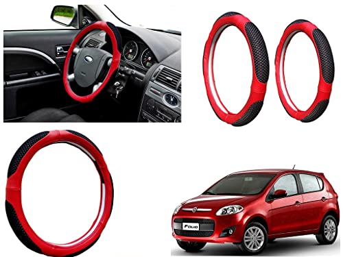 Image of Microfiber Car Steering Wheel Cover, Soft Padding Great Hand Feel, Anti-Slip, Faux Leather Steering Cover for Fiat Palio | Black Red Jali - Pack of 1