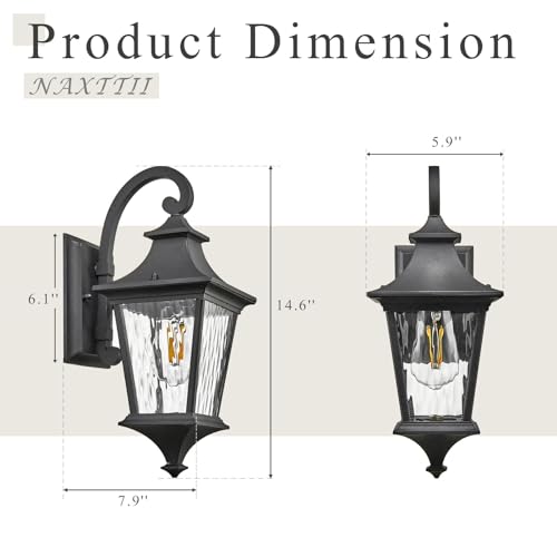 Image of Modern Outside Lights for House 14.6 Inch 2-Pack Porch Light Outdoor with Water Ripple Glass Black Exterior Light Fixtures E26 Socket Downward Installation