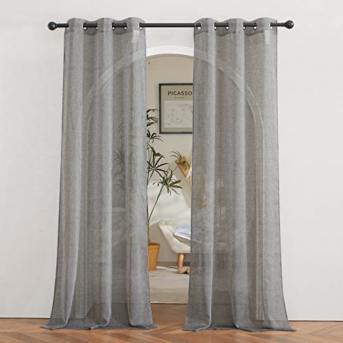 NICETOWN Charcoal Grey Living Room Curtains 84 inch Long, Grommet Linen Blend Semi-Sheer Window Drapes Privacy with Light Filtering for Bedroom/Cottag