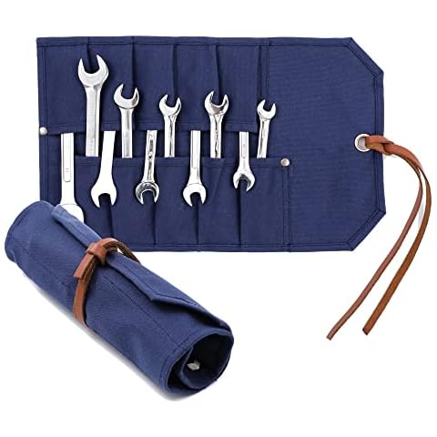 Kaaltisy Chisel Roll, Heavy Duty 16oz Waxed Canvas Tool Organizer Roll, Multi-Purpose Small Tool Bag - 10 Pockets and Tie Rope | Blue | 15.5" L x 9.5" W Cover