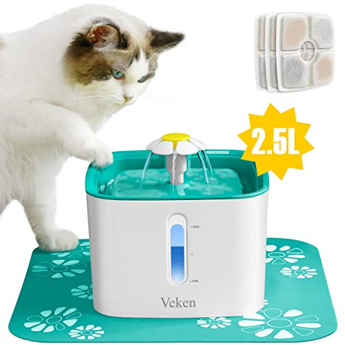 Veken Cat Water Fountain, 2.5L Automatic Pet Water Fountain, Dog Water Dispenser with 3 Replacement Filters and 1 Silicone Mat for Cats and Small to Medium Dogs (Cyan)