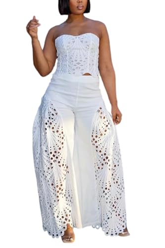 Sezhgswd Women 2 Piece Lace Set Crop Strapless Corset Tube Top Hollow Out Eyelet Barrel Pants Party Jumpsuit Outfits