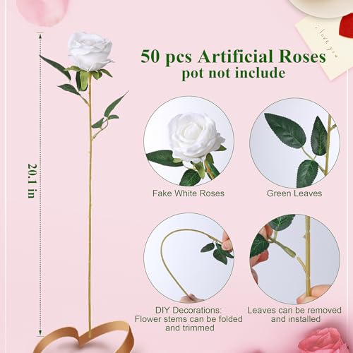 Image of HyeFlora 50 PCS White Roses Artificial Flowers, Fake Roses with Stems Realistic Silk Roses for DIY Wedding Bouquets Tables Centerpieces Arrangements Party Baby Shower Birthday Home Decor Gift for Her