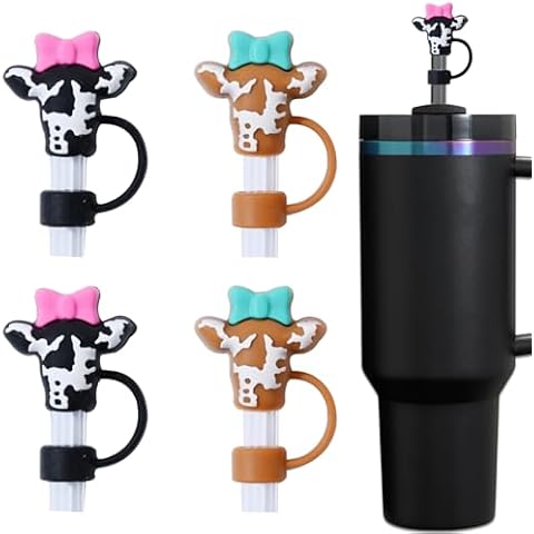 Amreich Cow Straw Covers - 4PCs Silicone Straw Toppers Animal Straw Accessories for 10mm Straw Cover Cap Compatible with 30 40 Oz Stanley Tumbler with Handle Cover