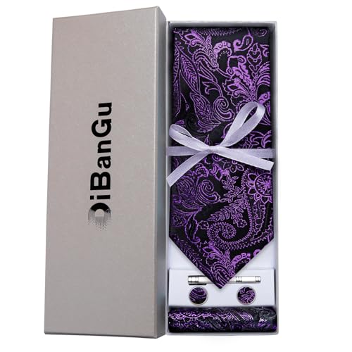 Image of DiBanGu Paisley Ties for Men Silk Necktie and Pocket Square Cufflinks Tie Clip Set Woven Classic Mens Tie for Wedding Party