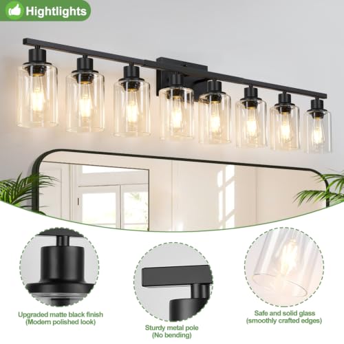 Image of Indoi 8-Light Bathroom Light Fixtures, Matte Black Modern Vanity Lights with Clear Glass Shades, Bathroom Wall Lamp for Mirror Living Room Cabinet Bedroom Porch