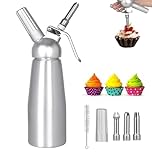 Preoenow, Whipped Cream Dispenser, Aluminium Cream Whipper with 3 Decorating Nozzles 500ML Cream Charger Dispenser for Cake Cheese Dessert