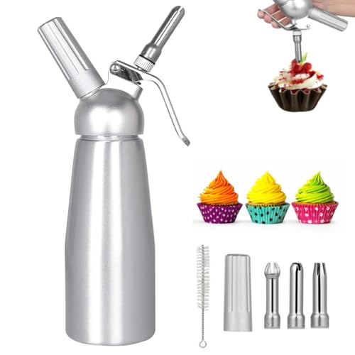Preoenow, Whipped Cream Dispenser, Aluminium Cream Whipper with 3 Decorating Nozzles 500ML Cream Charger Dispenser for Cake Cheese Dessert