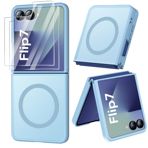 Image of ORETECH Magnetic for Samsung Galaxy Z Flip 7 Case, with [2 x Screen Protector] Translucent Back Non-Slip Hard PC Shockproof Bumper Protective Case for Samsung Z Flip 7 - Sierra Blue