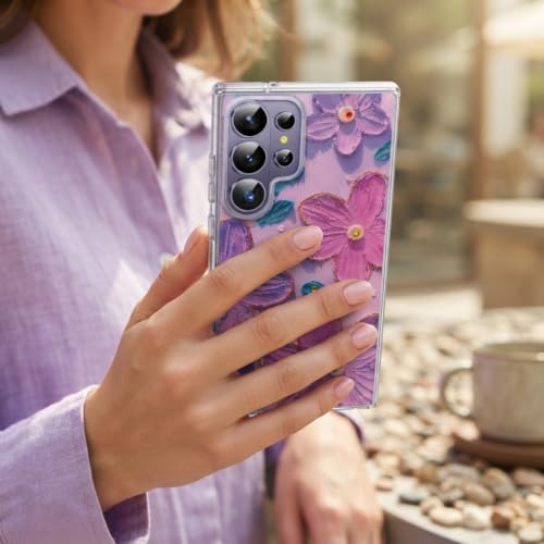 Image of Elzzi Compatible with Samsung S26 Ultra Case Laser Flower Oil Painting Cute Colorful Blue Ray Bumper with Full Camera Protection Shockproof PC+TPU Glossy Shiny Cover for Girls Women, Pink & Purple