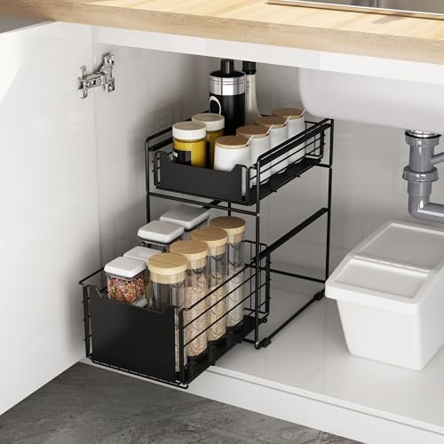 Organizador Bajo Fregadero para Cocina o Baño, Mueble de Metal Negro de Doble Altura con Bandejas Extraíbles, Estantería debajo Fregadero, Estante para Almacenaje de Productos Limpieza o Despensa