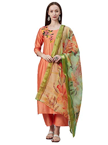 Image of INDO ERA Women's Cotton Blend; Organza & Rayon Kurta Palazzo With Dupatta Set