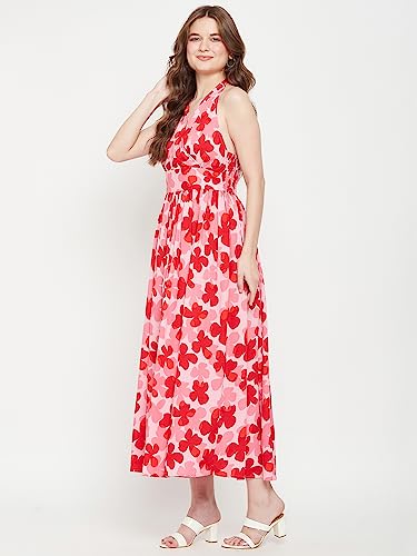 Image of AMARK Women Pink and Red Halter Neck Floral Dress