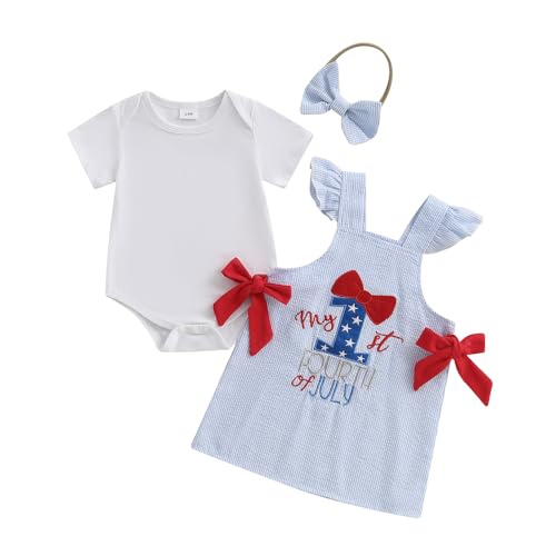BeQeuewll Baby Girl 4th of July Outfit Infant Dresses Romper Letter Embroidery Overall Skirt Set 3Pcs Girl Patriotic Clothes (Bow 1st-Blue, 9-12 Months)