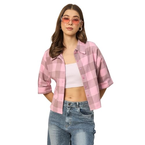 Image of Chimpaaanzee Women Checks Half Sleeve Crop Shirt
