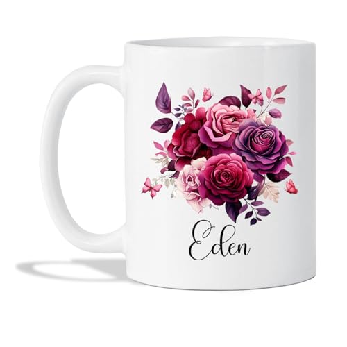 BigTees Burgundy Roses Floral Personalized 11oz Ceramic Coffee Mug, Custom Floral Pottery Travel Mug Gift, Gifts For Girlfriend