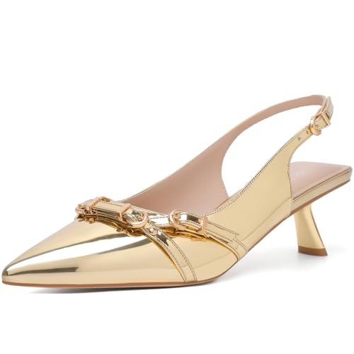 Image of Mostrin Kitten Heels for Women Pointed Toe Pumps Patent Leather Low Heel Slingback Heels with Buckle Dress Shoes for Dating Party Working
