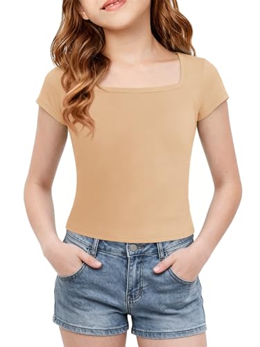 Image of Haloumoning Girls Crop Tops Summer Short Sleeve T Shirts Kids Square Neck Slim Fit Basic Tee