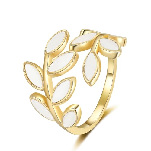 HMOOY 925 Sterling Silver Simple Multi-layer Leaf Adjustable Ring Lucky Leaves Statement Ring for Women Promise Ring Fashion Jewelry (Glod)