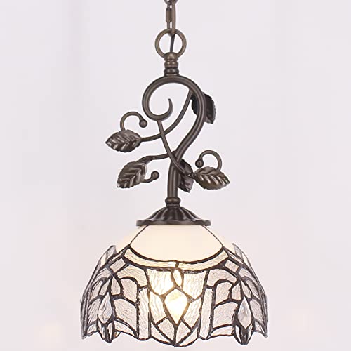 Rhlamps Tiffany Plug-In Pendant Lighting, 8" White Stained Glass Crystal Shade Hanging Lamp, Farmhouse Rustic Bronze Thin Metal Leaf Chandelier, Luxury Ceiling Light Fixture For Kitchen Dining Room #TOP5