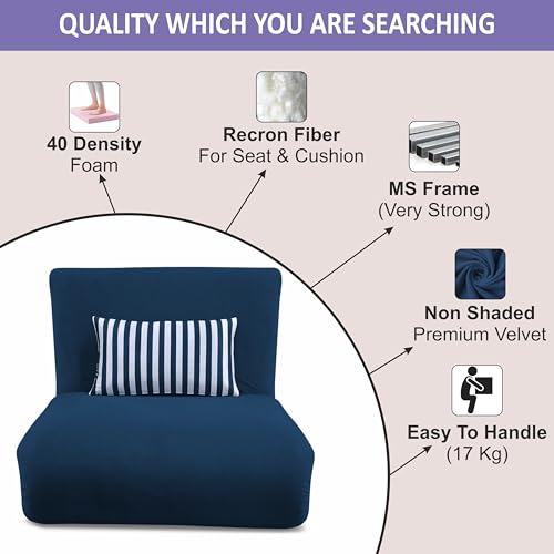 Image of Adorn India Easy Multi Mode 1 Seater Sofa Cum Bed | Velvet Fabric | Blue | Stripes Design | Comfortable Seating | Washable Cover | Perfect for Home & Office