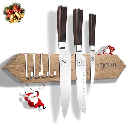 imarku Magnetic Wall Knife Holder - 16 Inch Acacia Wood Magnetic Knife Strip with Powerful Magnet, Knife Magnetic Strip for Kitchenware Organizer with 4 Hooks, Natural Acacia