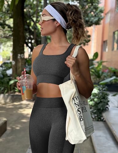 Image of OLCHEE Womens Workout Sets 2 Piece Seamless Square Neck Sports Bra Padded Butt Lifting Leggings High Waist Yoga Gym Outfits